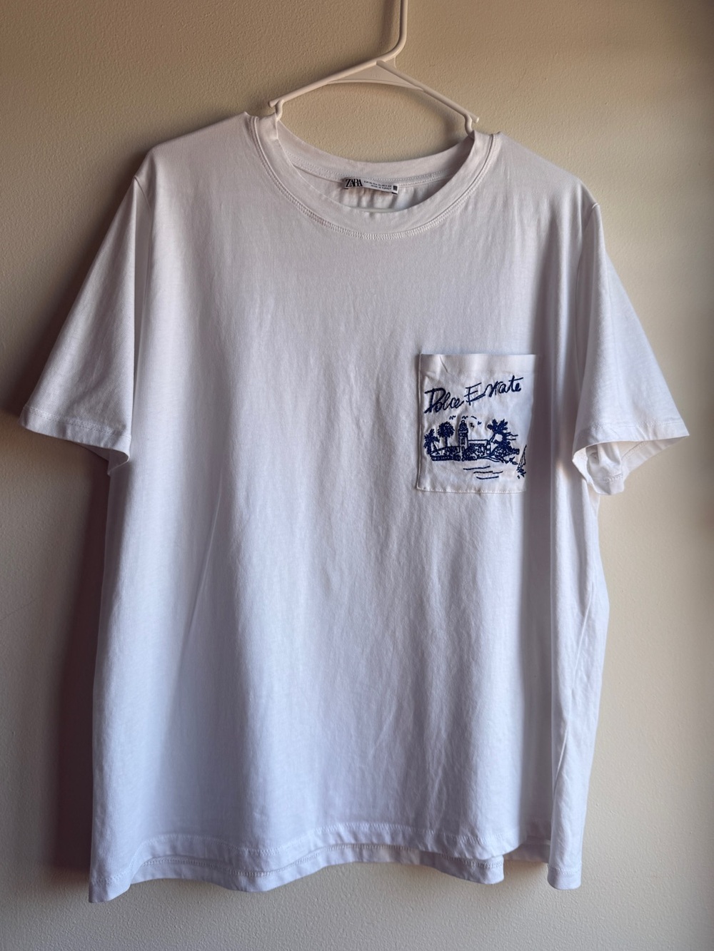 Zara White Embroidered Pocket Graphic T-Shirt XL Coastal Basics